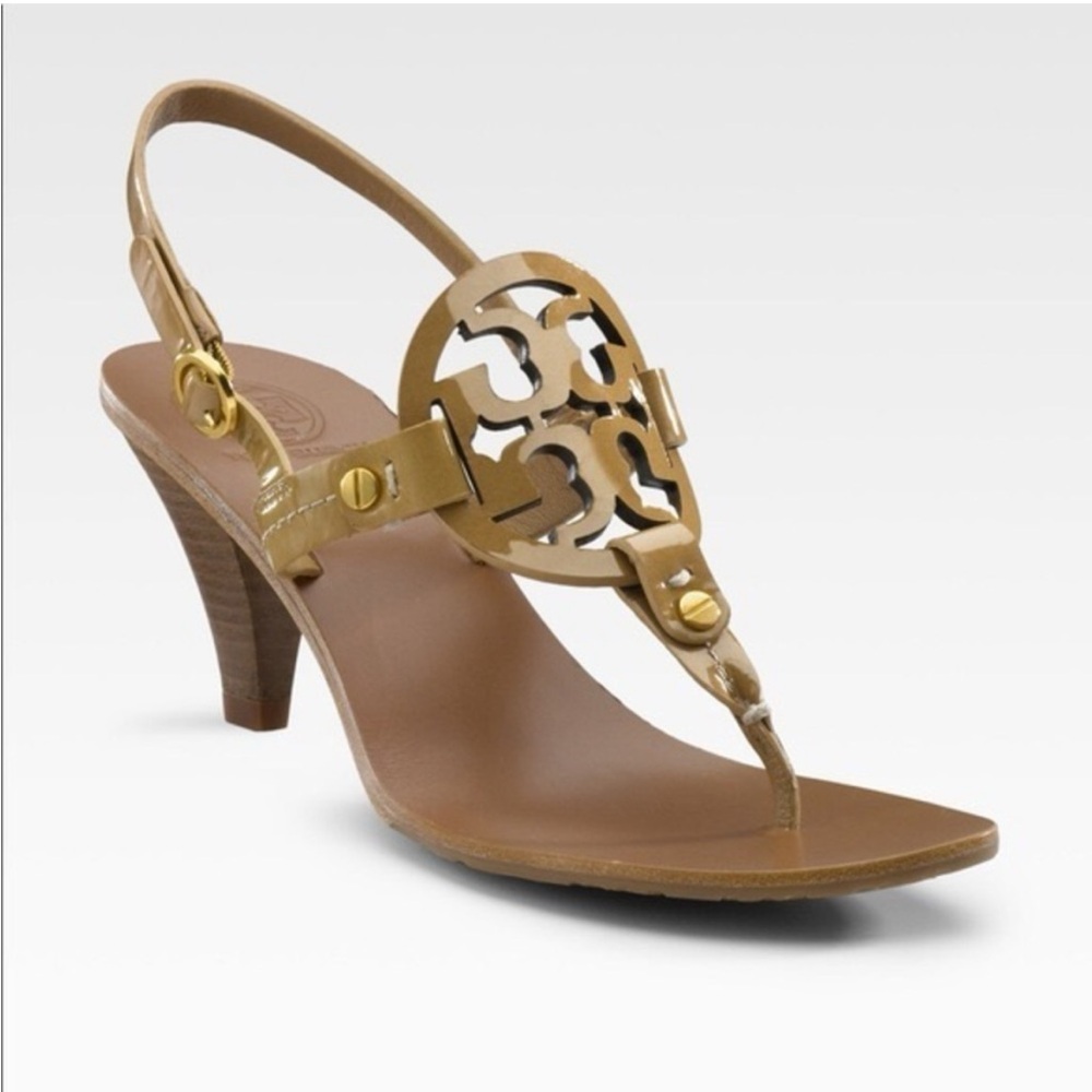 Tory Burch Signature Logo Holly Women's Sandal Kitten Heel Patent Leather Sz 7.5